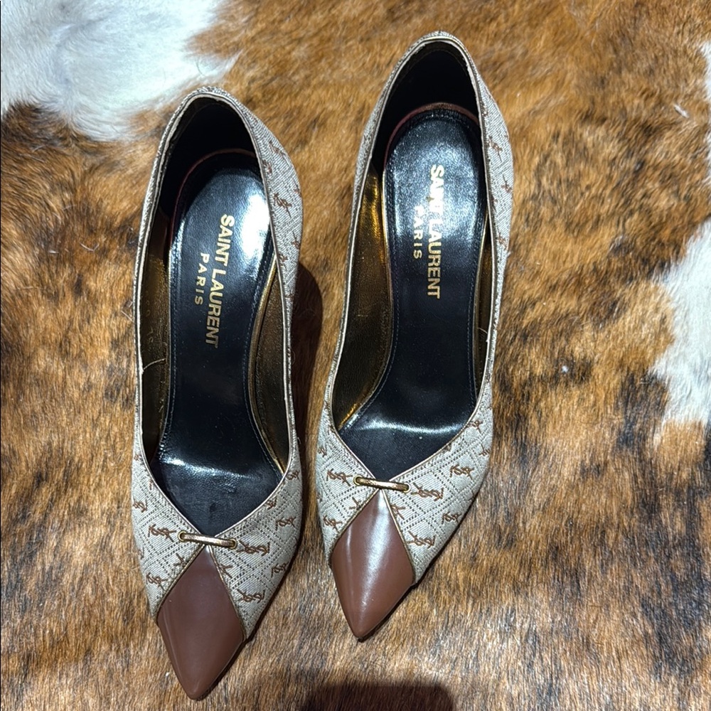 Saint Laurent Cream and Brown Heels with Stiletto Design